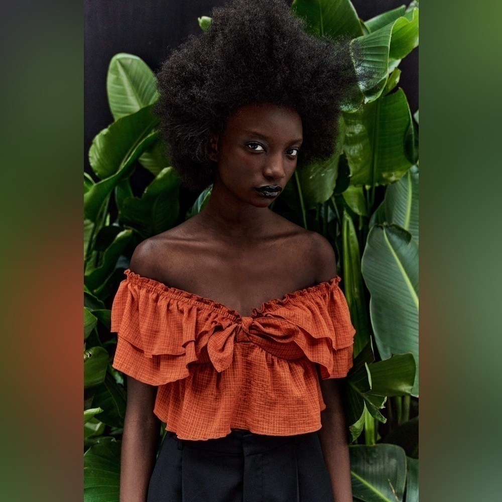 Zara Rust Orange Ruffled Off-Shoulder Crop Top - Picture 2 of 8